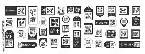 Scan me Frame. Mobile payment sticker template with barcode and QR code for online shop. Scan by phone. Click app button for quick pay. Minimalist Vector illustration.