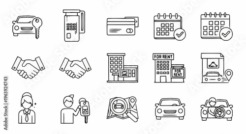 Car Rental Service Icons - Vehicle, Payment, Agreement, and Support.