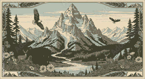 Vintage Mountain Landscape Illustration with Eagles and Deer