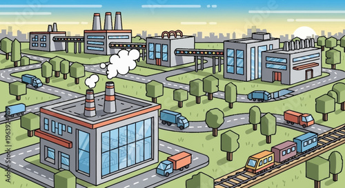 Cartoon illustration of a factory complex with transportation.