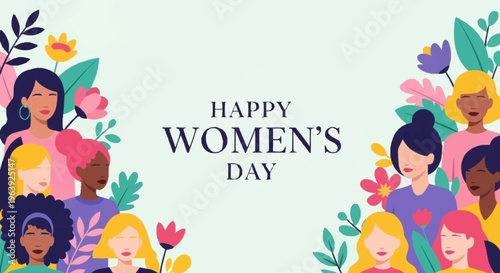 Celebrating International Womens Day with a diverse group of women surrounded by floral decorations.