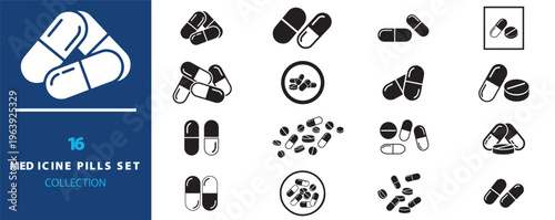 Medicine pills set collection, 16 pharmaceutical capsule and tablet icons, black and white medical drug vector symbols for healthcare design