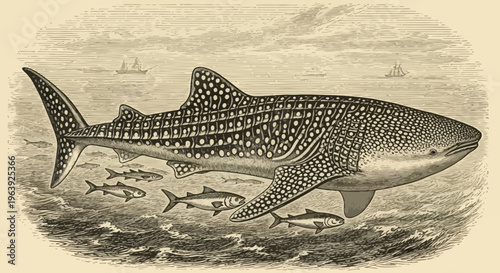 Vintage Illustration of a Whale Shark Swimming in the Ocean