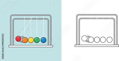 Newton's Cradle Physics Experiment Vector Illustration in Colored and Outline Styles for Science Education, Office Decor, and Demonstrating Laws of Momentum and Energy Conservation