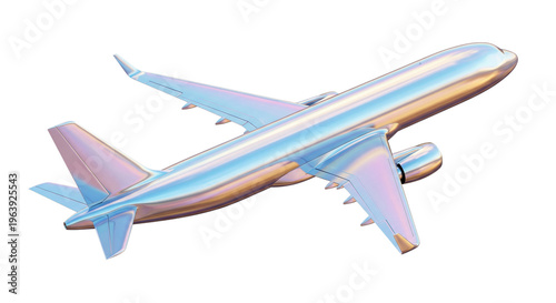 Futuristic Chrome Airplane Flying, Iridescent Metallic Jetliner, Modern Aviation Concept