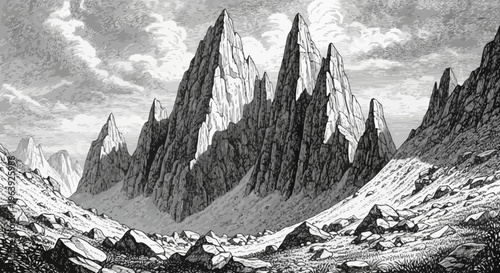 Vintage Engraving of Jagged Mountain Peaks and Rocky Alpine Valley