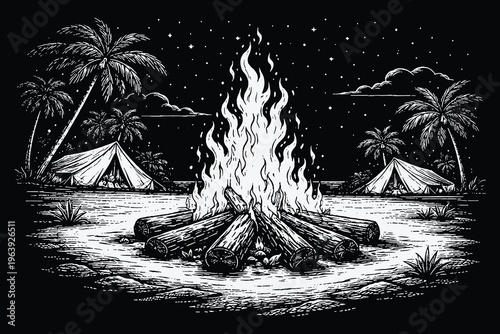 Atmospheric vintage woodcut vector illustration of a large blazing campfire at night in a tropical campsite with tents under a starry sky background.