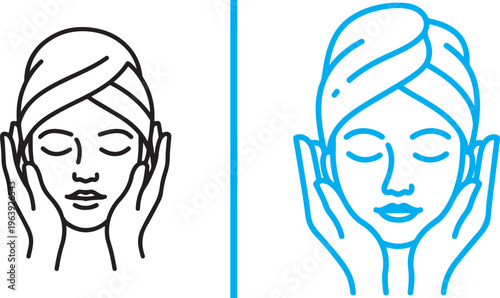 Minimalist vector line icons of a woman with a head towel performing facial care. These symbols represent skincare, spa treatments, and beauty routines in black and bright blue outlines.