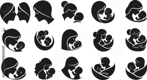 Mother and Baby Silhouette Icons Expressing Affection illustration vector