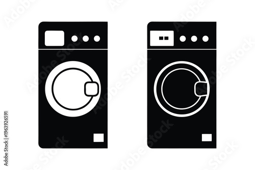 Two Black Washing Machine Icons Representing Modern Laundry Appliance Options and Household Chores, Simple Vector Art, Front Load