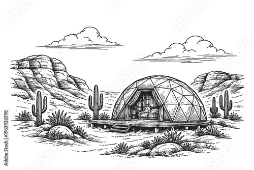 High contrast vintage engraving vector illustration of a modern geodesic dome glamping tent situated in a desert landscape with cacti and rocky hills.
