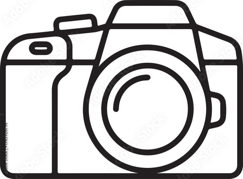 A sleek, modern outline vector icon of a digital single-lens reflex (DSLR) camera, featuring a large lens and body, representing photography, media, creative hobbies, and visual content creation.