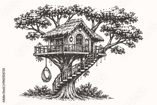 Charming rustic treehouse with a spiral staircase and hanging chair, hand drawn sketch vector illustration for play, leisure, and childhood themes.