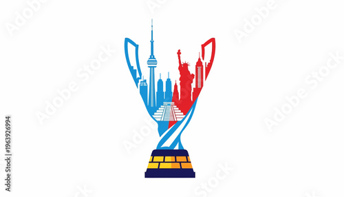 Dynamic trophy design symbolizing intercity rivalry and global achievement, featuring iconic urban skylines in a striking, competitive graphic