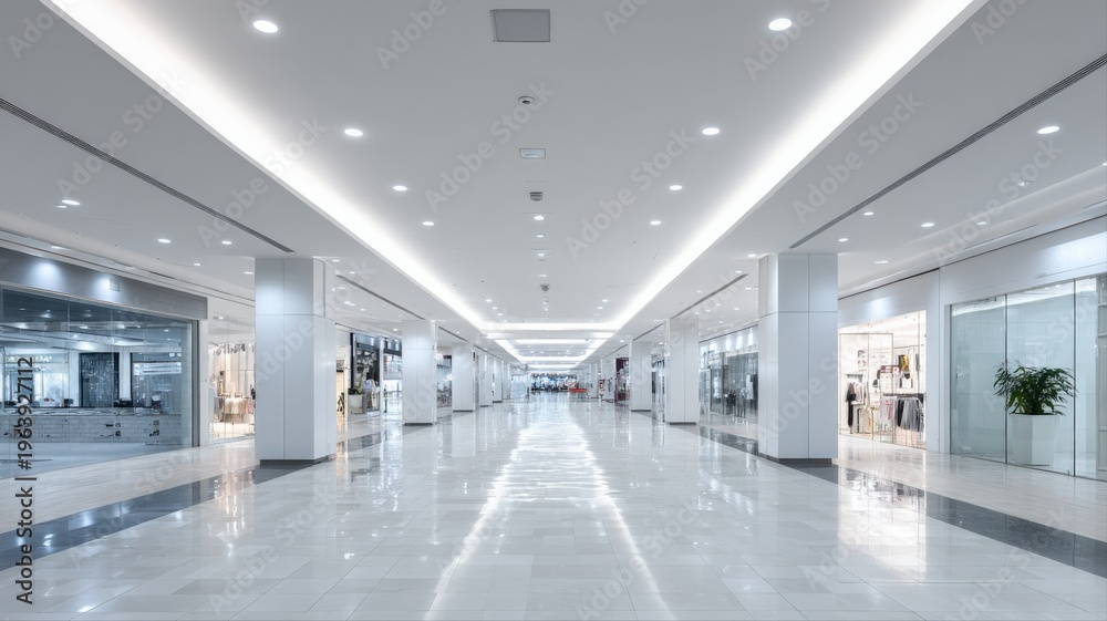 Fototapeta premium Modern Shopping Mall Interior with Bright Lighting and Clean Architecture, Ideal for Retail and Commercial Use