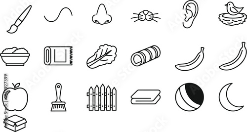 Simple outline icons set everyday objects brush nose ear food fruit tools symbols minimal vector illustration collection clean design