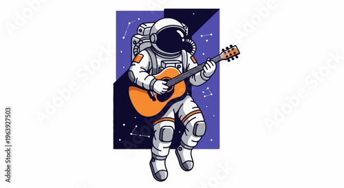 A pixelated astronaut in a white suit plays an orange acoustic guitar