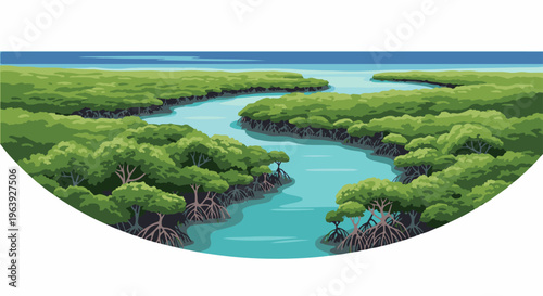A pixelated aerial view of a meandering river through dense mangrove forests