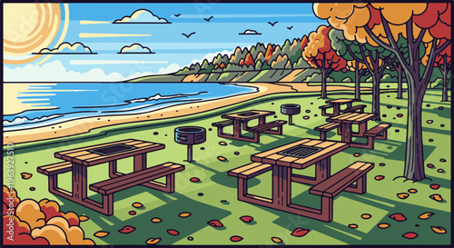 A pixelated autumnal park scene with picnic tables by a lake