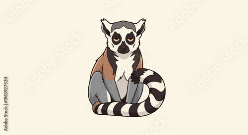A pixelated cartoon ring-tailed lemur sits with its bushy striped tail curled