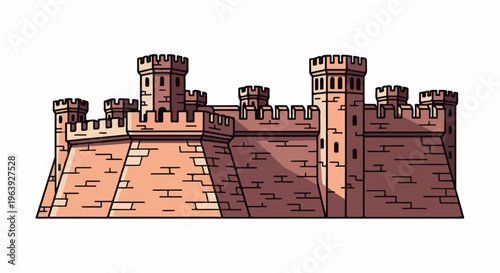 A pixelated, cartoonish illustration of a medieval castle with ramparts