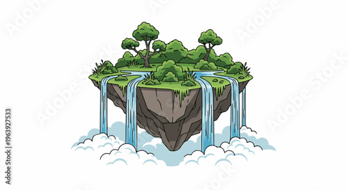 A pixelated, cartoonish island floats in the sky with waterfalls and trees