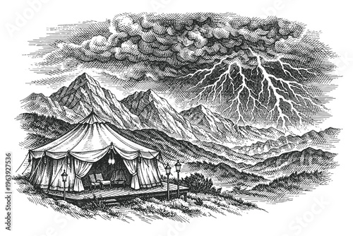 Luxury glamping tent in a dramatic mountain landscape with lightning storm, detailed engraving style vector illustration for travel and extreme nature.