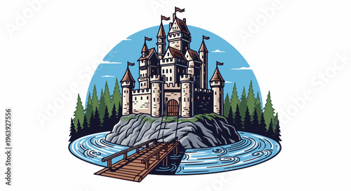 A pixelated castle on a rocky island surrounded by water and trees