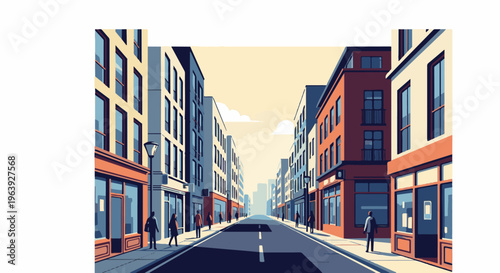 A pixelated city street lined with tall buildings, storefronts, and a few pedestrians