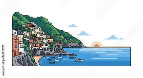 A pixelated coastal town cascades down a green mountain to the sea