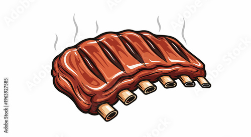 A rack of steaming, juicy pork ribs on a white background