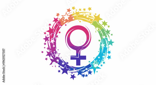 A rainbow of stars encircles a female symbol in vibrant colors