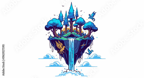 A pixelated floating island with a waterfall, blue trees, and mythical creatures