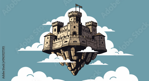 A pixelated fantasy castle floats mysteriously among soft clouds in a blue sky