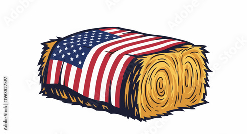A rectangular bale of hay is covered by an American flag