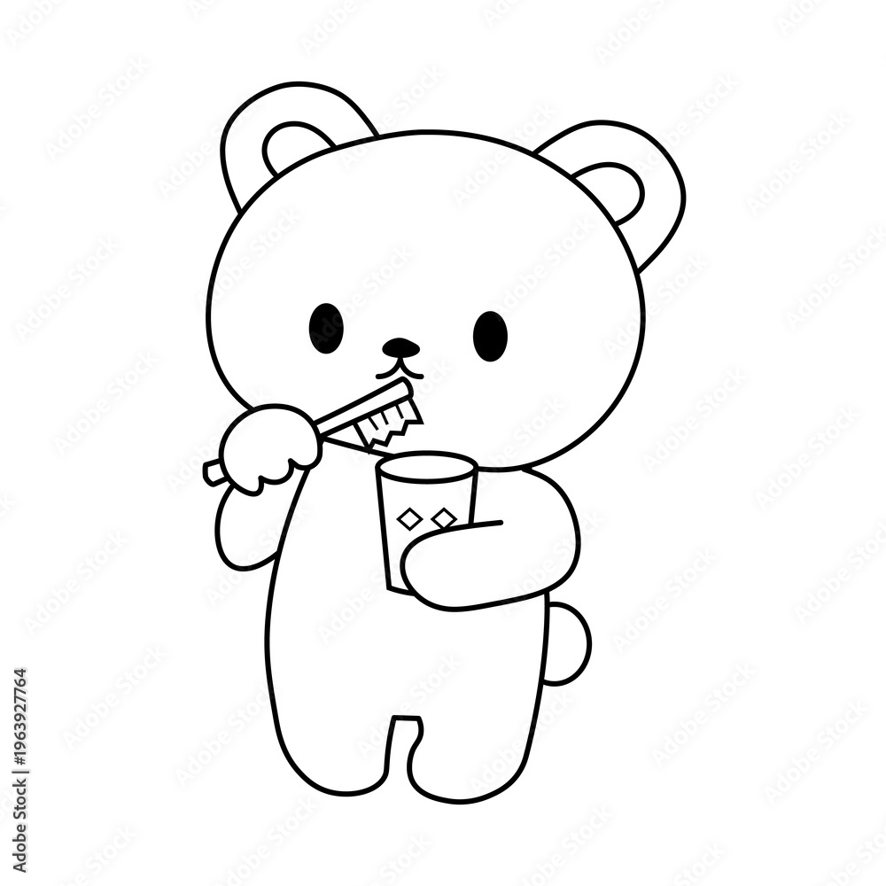 Obraz premium かわいいクマさんの歯磨きぬりえ 線画 生活習慣 虫歯予防 イラスト 単体
