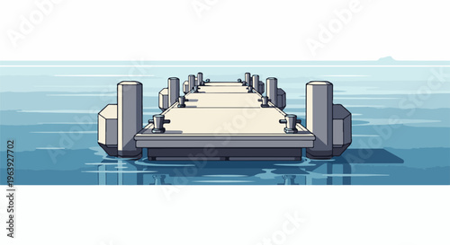 A pixelated perspective of a floating concrete pier extending into calm blue water under a bright sky
