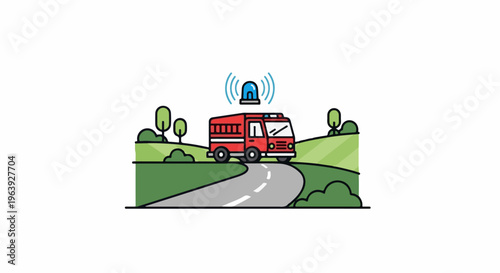 A red fire truck with a blue siren drives on a winding road through green hills