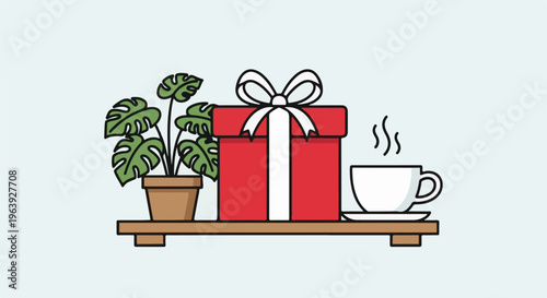 A red gift box sits next to a potted plant and a steaming cup of coffee on a shelf