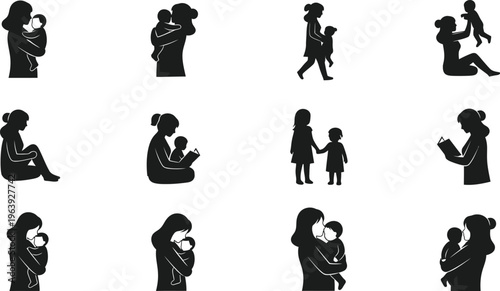 Mother and Child Reading and Embracing Icons Family Moments illustration (13