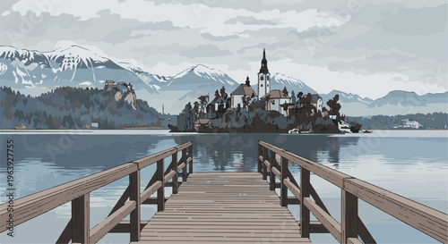 A pixelated view from a wooden pier towards an island church and snowy mountains