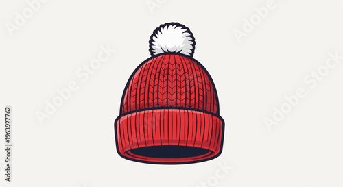 A red knitted winter hat with a white pom-pom