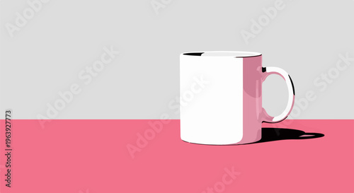 A plain white mug with a pink handle sits on a pink surface against a grey backdrop