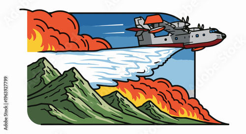 A plane drops water on a fiery mountain blaze