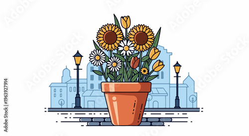 A potted arrangement of sunflowers, daisies, and tulips on a city sidewalk