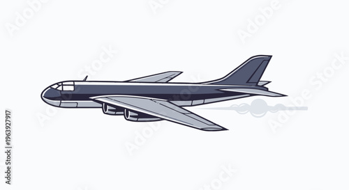 A retro-style jetliner soars through the sky, leaving a trail of stylized exhaust