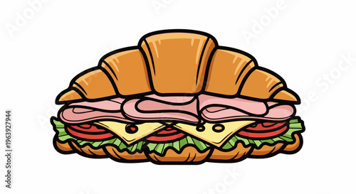 A savory croissant sandwich filled with ham, cheese, tomato, and lettuce