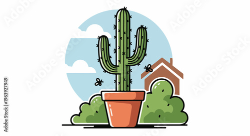 A potted saguaro cactus stands in a yard with a house and bushes