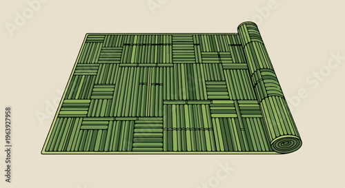 A rolled-up, green, woven mat made of many thin, parallel sticks