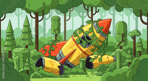 crashed rocket in a lush green forest overgrown with vines illustrating nature reclaiming forgotten technology and exploration